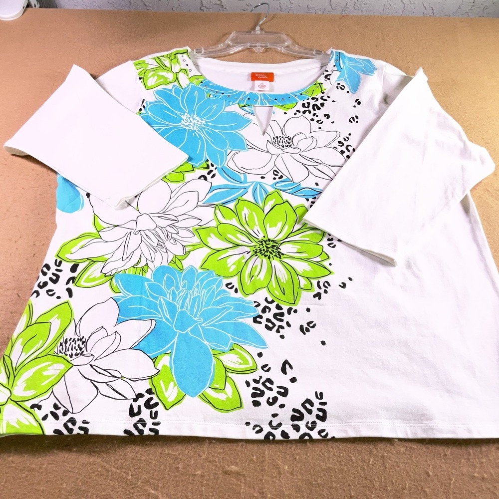 Hearts of Palm Woman Floral Leopard Print Top 3/4 Sleeve Rhinestone Blue 2X